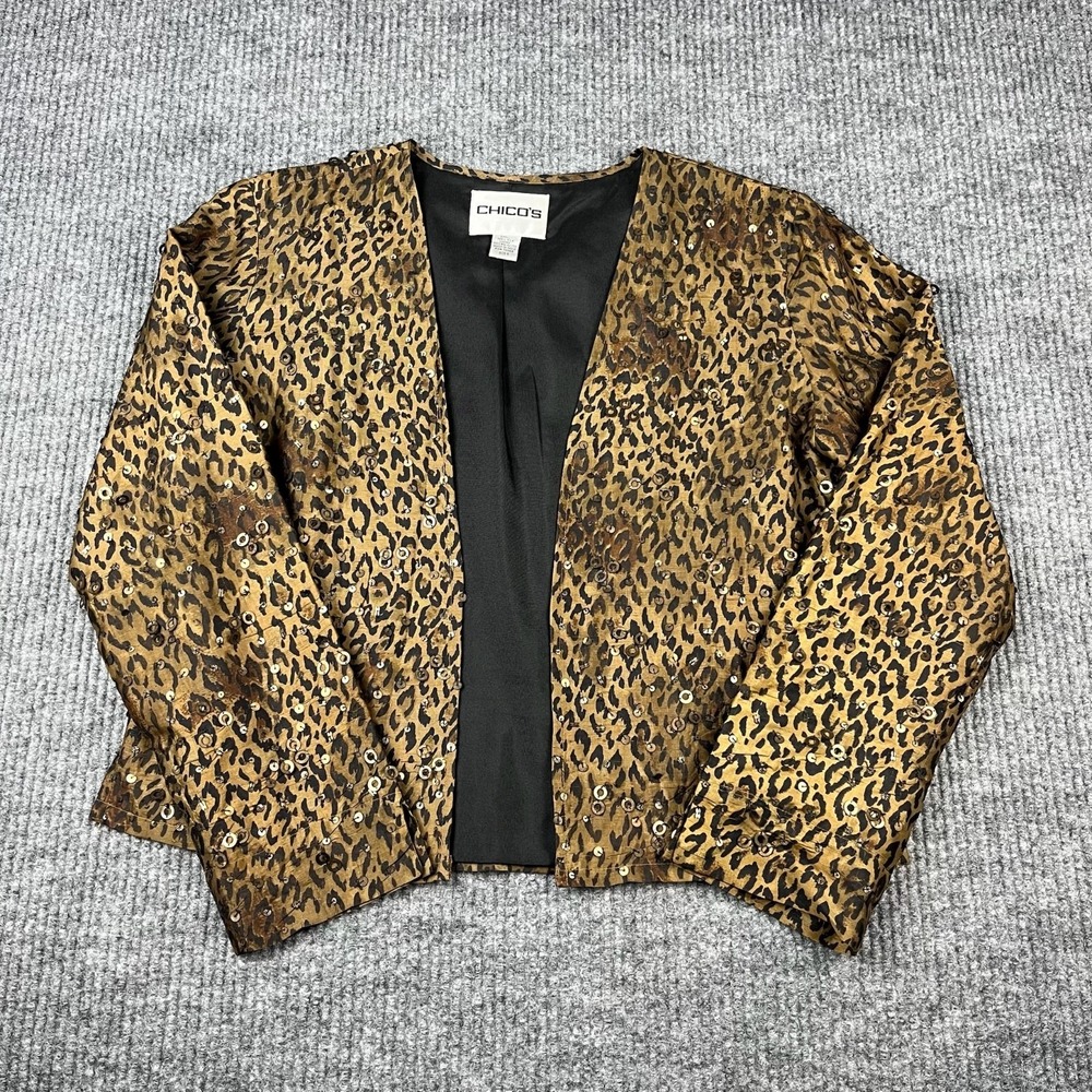 Chicos Silk Jacket Womens 0/S Leopard Print Sequin Open Front Cropped Statement